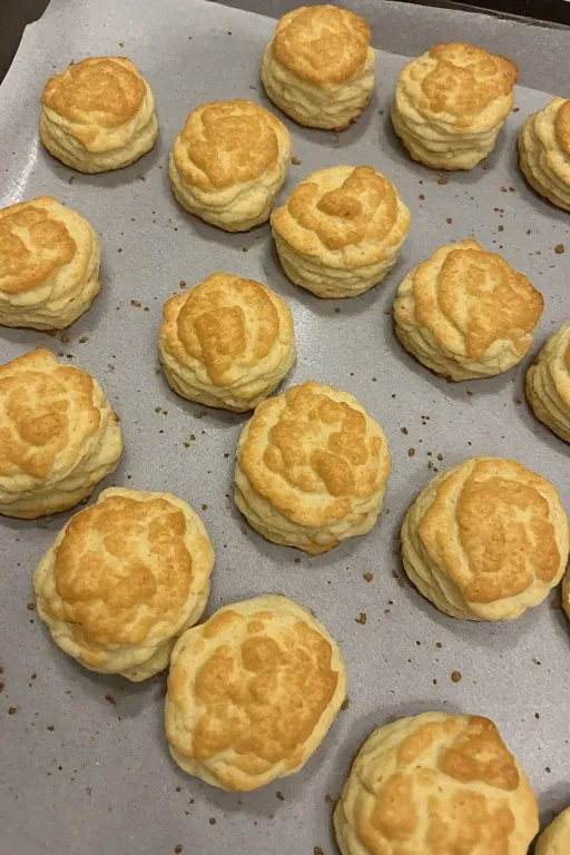 Golden baked biscuits on baking sheet for crock pot chicken pot pie topping