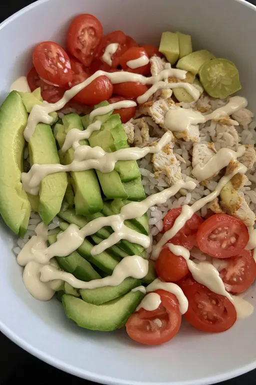 Assembled chicken rice bowl with vegetables and creamy garlic sauce from above
