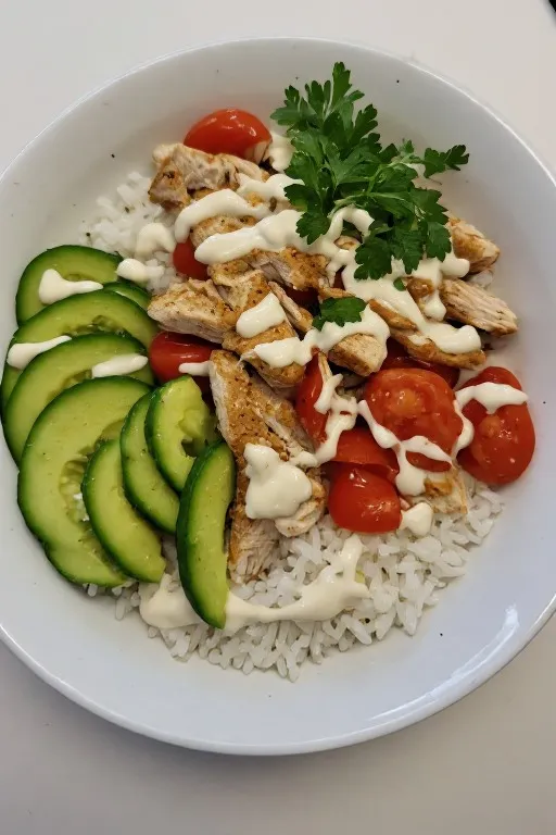 Finished chicken rice bowl with creamy garlic sauce, avocado and fresh vegetables ready to eat