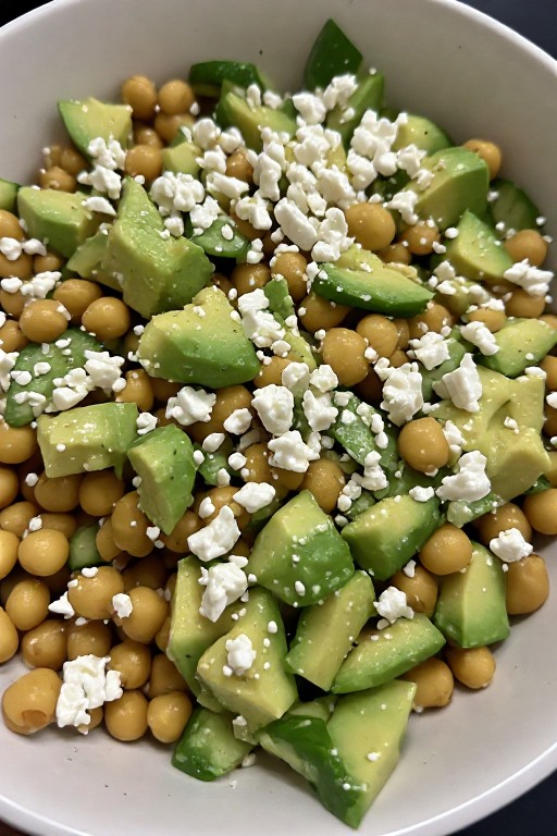 Chickpea feta avocado salad finished with feta crumbles and fresh herbs on top