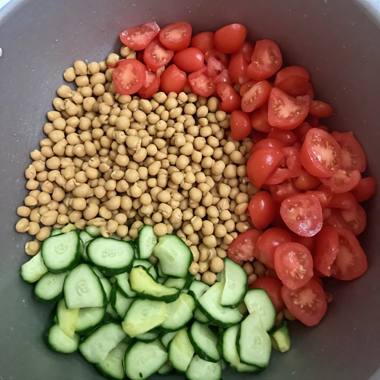 Prepped chickpeas, avocado, tomatoes and cucumber for chickpea feta avocado salad