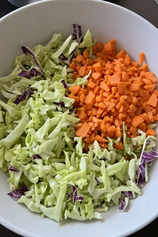 Shredded cabbage and grated carrots in bowl for homemade coleslaw recipe