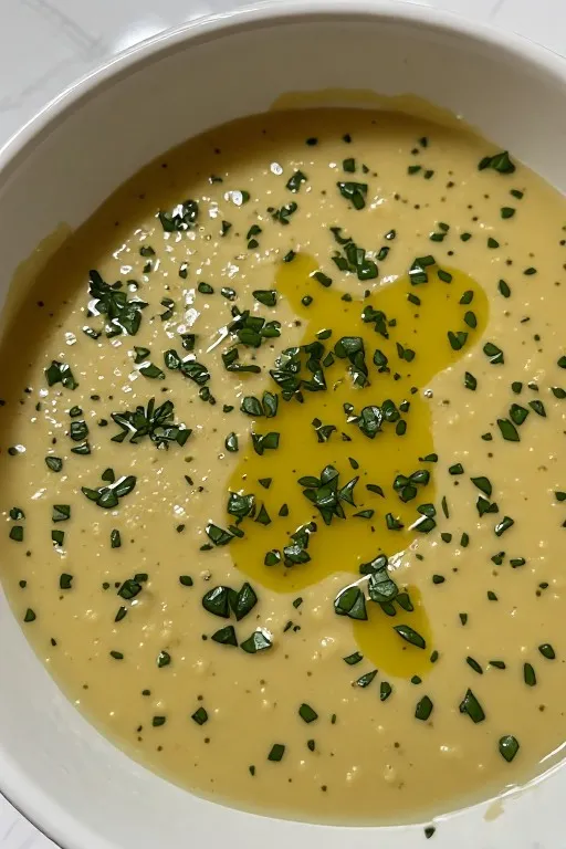 Creamy garlic sauce in small bowl for chicken rice bowls recipe