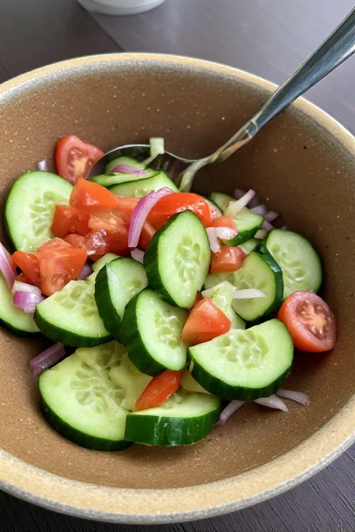 Cucumber tomato onion salad served in bowl on summer table ready to eat