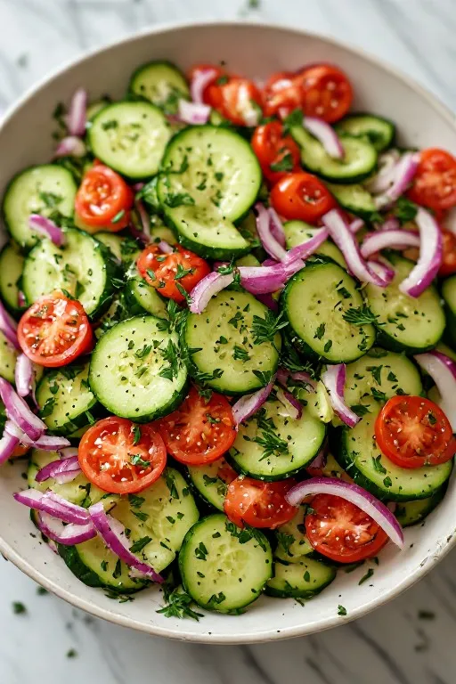 Close up of cucumber tomato onion salad with vinegar dressing and fresh dill