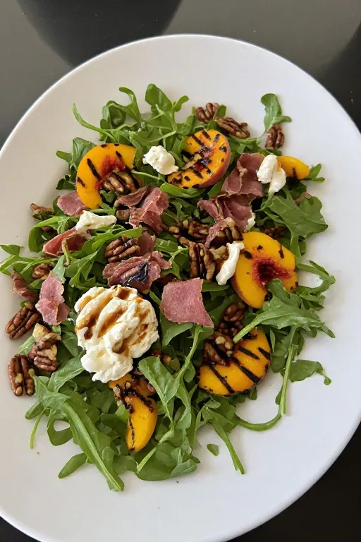 Grilled peach salad with burrata prosciutto and balsamic honey dressing fully assembled and ready to serve