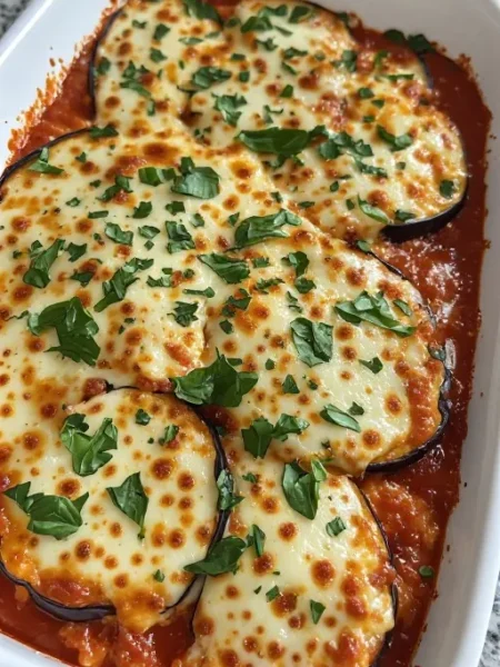 Eggplant parmesan fresh from oven in baking dish with golden bubbly mozzarella and fresh basil