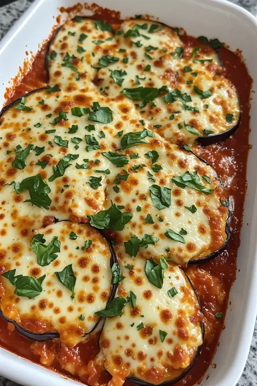 Eggplant parmesan fresh from oven in baking dish with golden bubbly mozzarella and fresh basil