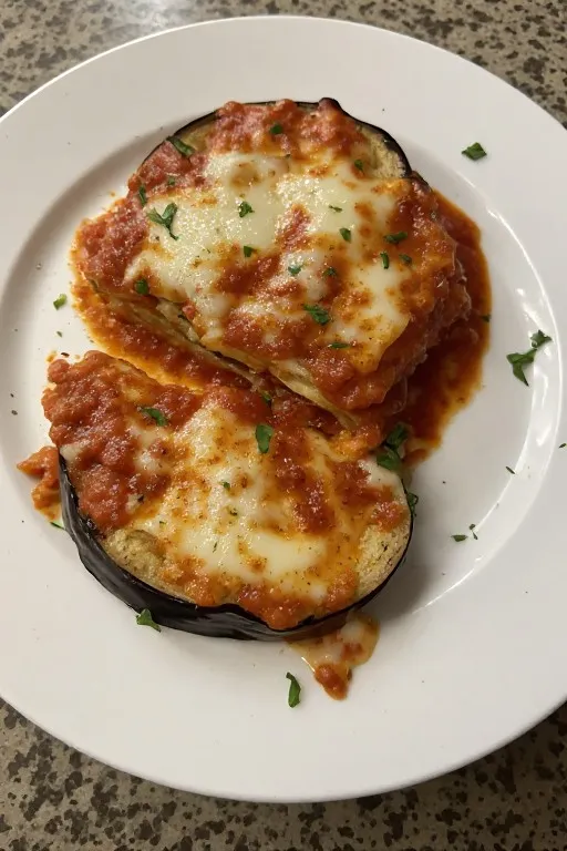 Eggplant parmesan recipe slice on plate showing crispy layers with melted mozzarella and marinara