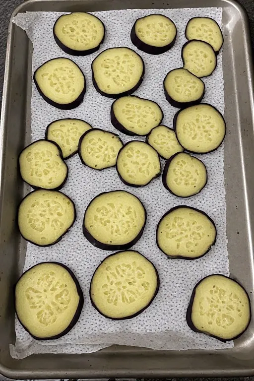 Salted eggplant slices on baking sheet drawing out moisture for eggplant parmesan recipe