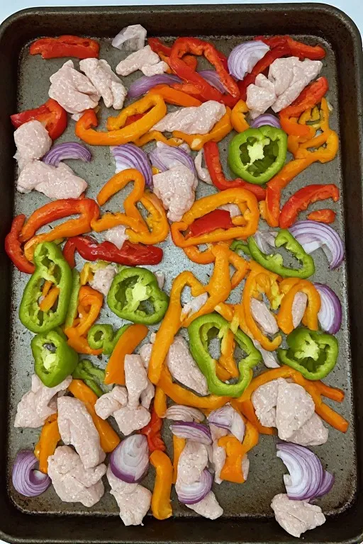 Raw chicken strips and peppers spread on sheet pan for sheet pan chicken fajitas before roasting