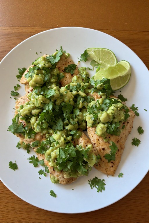 lime chicken with avocado salsa and cilantro on plate ready to serve
