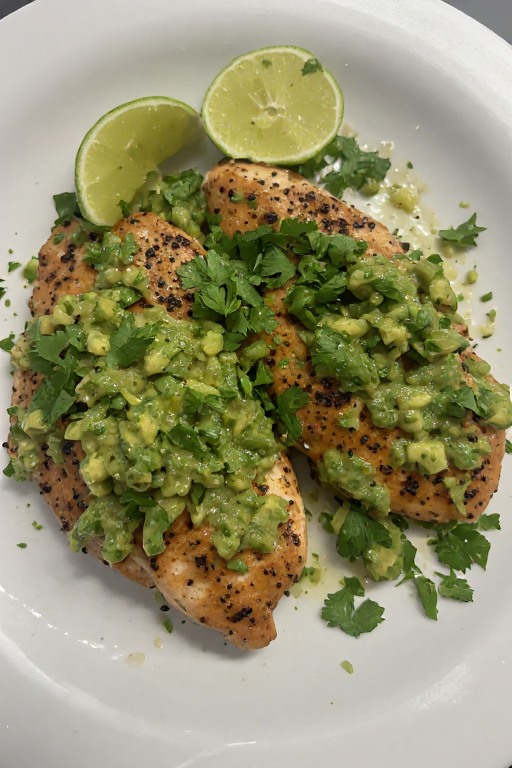 Fiesta lime chicken with avocado salsa and cilantro on plate ready to serve