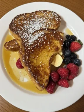 Best French toast recipe served on plate with butter powdered sugar and fresh berries for perfect breakfast