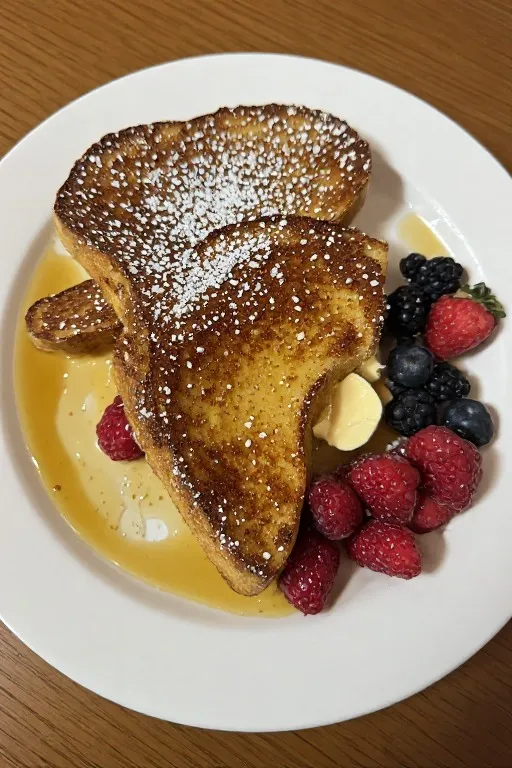 Best French toast recipe served on plate with butter powdered sugar and fresh berries for perfect breakfast
