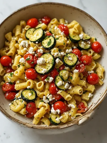 Healthy baked feta pasta with vegetables in white bowl ready to serve