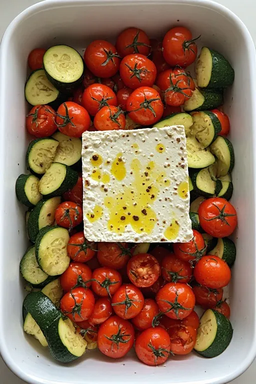 Feta block and vegetables in baking dish before going in the oven for baked feta pasta