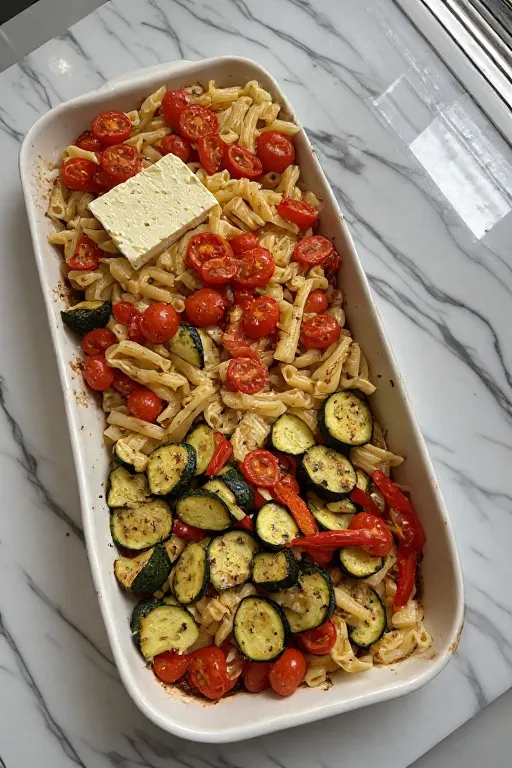 baked feta and vegetables fresh from the oven with burst tomatoes and golden feta