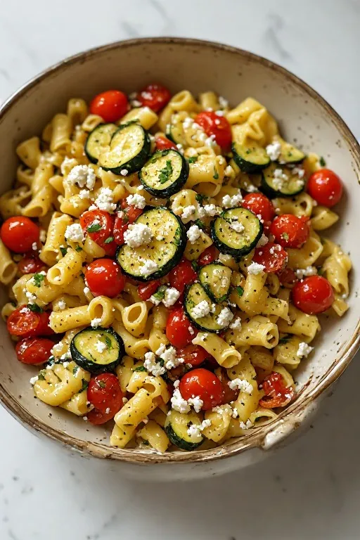 Healthy baked feta pasta with vegetables in white bowl ready to serve