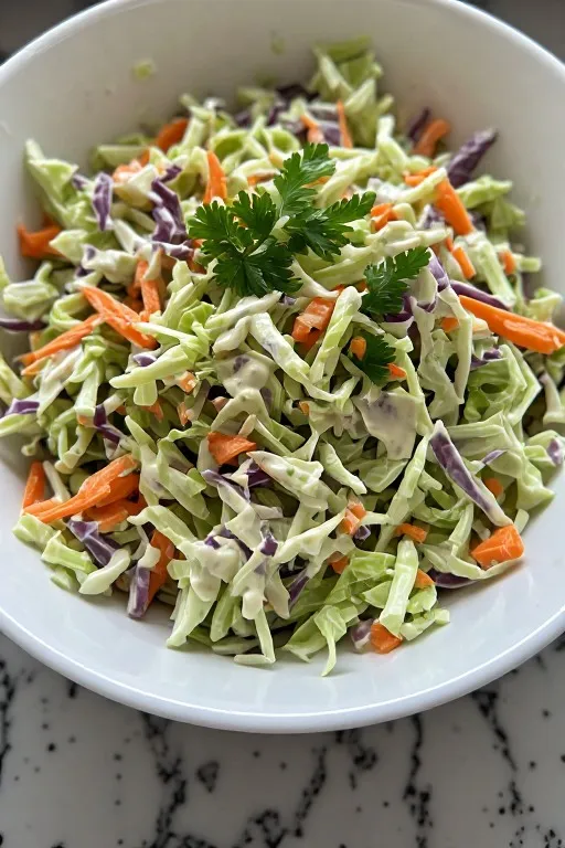 Homemade coleslaw served in bowl at summer table ready to eat