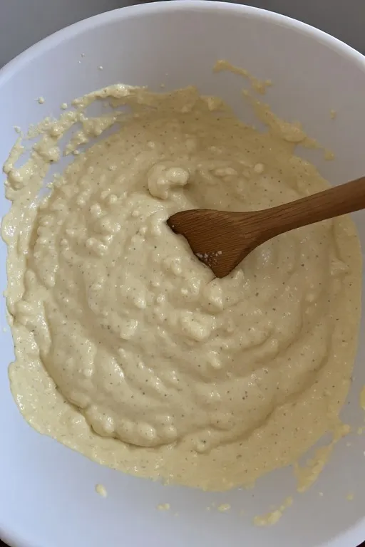 Fluffy pancake recipe batter in bowl with visible lumps ready to cook