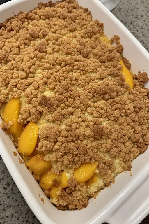 Peach dump cake in baking dish fresh from oven with golden crumble top