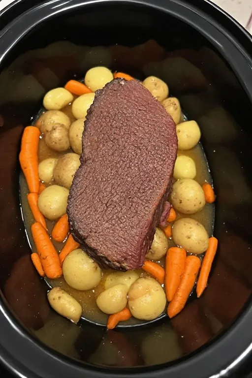 Chuck roast placed in slow cooker on top of carrots and potatoes for slow cooker pot roast
