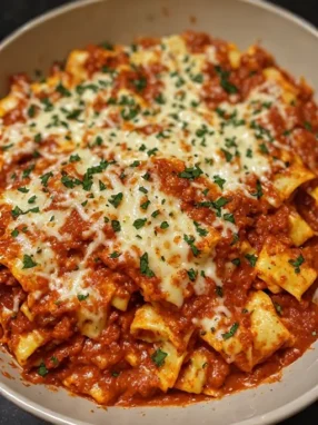 Crockpot ravioli lasagna in bowl with melted cheese and fresh basil ready to serve