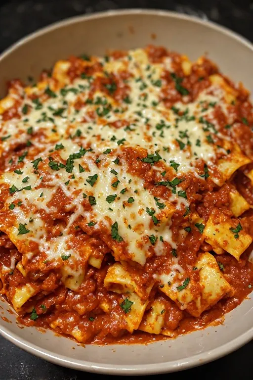 Crockpot ravioli lasagna in bowl with melted cheese and fresh basil ready to serve