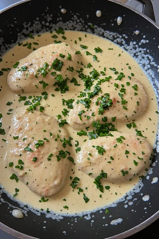 Creamy smothered chicken in skillet with garlic parmesan cream sauce ready to serve