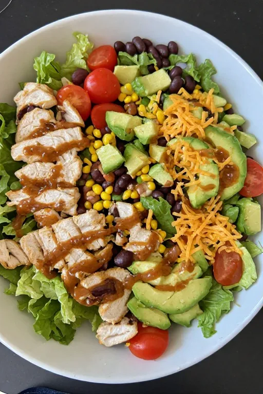 Southwest chicken salad with grilled chicken avocado black beans and chipotle lime dressing in bowl