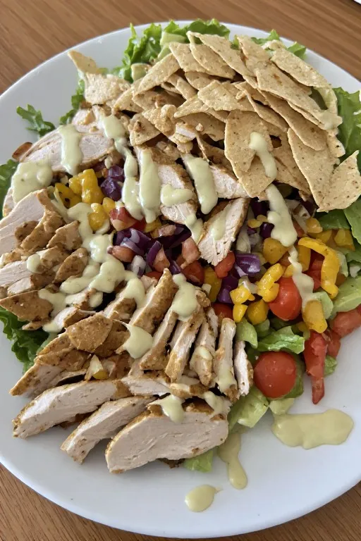 Southwest chicken salad served on plate with chipotle lime dressing and tortilla strips