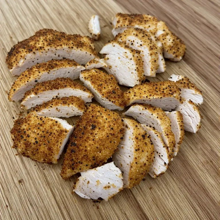 Sliced southwest seasoned chicken on cutting board for southwest chicken salad