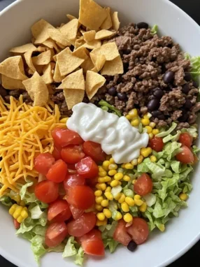 Taco salad recipe loaded with ground beef lettuce tomatoes beans and tortilla chips in bowl