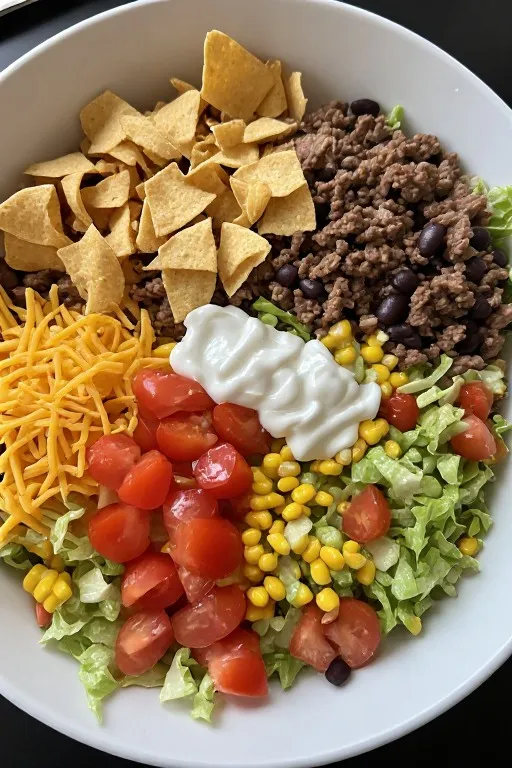 Taco salad recipe loaded with ground beef lettuce tomatoes beans and tortilla chips in bowl