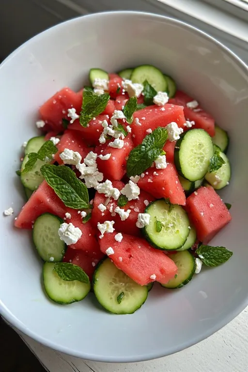 Assembled watermelon cucumber feta salad in white bowl with feta crumbles and fresh mint