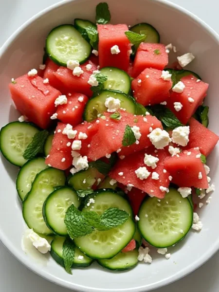 Watermelon cucumber feta salad in white bowl with mint and lime dressing ready to serve