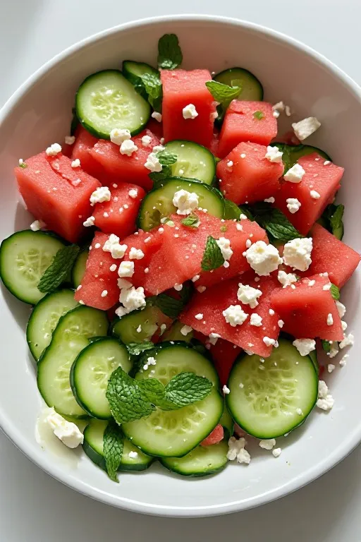 Watermelon cucumber feta salad in white bowl with mint and lime dressing ready to serve