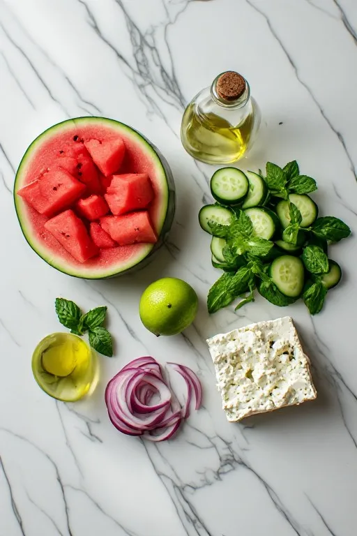 Fresh ingredients for watermelon cucumber feta salad on white marble