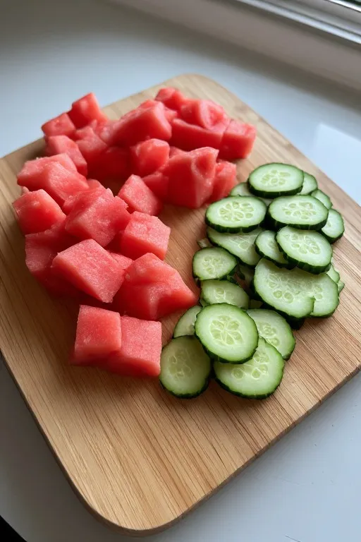 Cubed watermelon and sliced cucumber on cutting board for watermelon cucumber feta salad