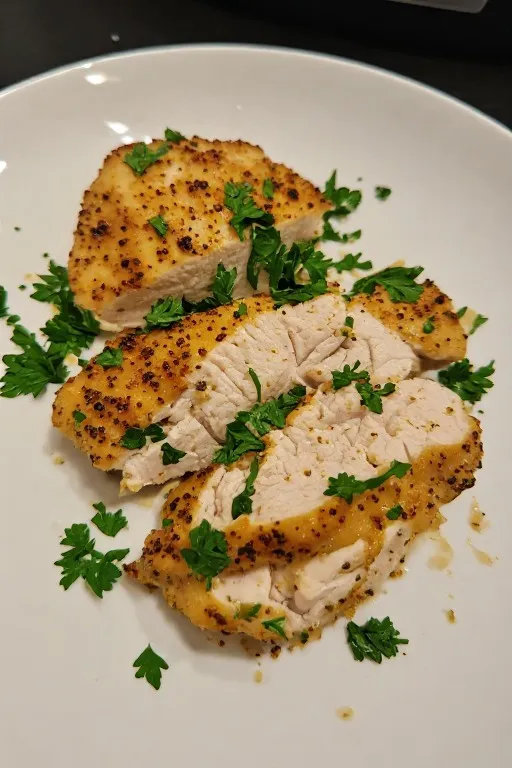 Sliced air fryer chicken breast on cutting board with roasted vegetables and fresh herbs