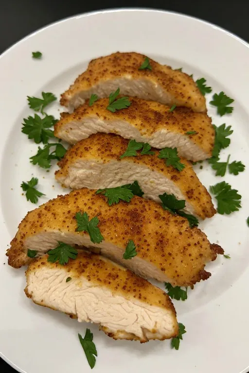 Air fryer chicken breast sliced on white plate showing juicy interior and golden seasoning