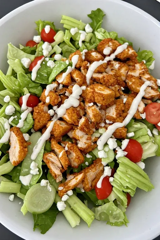 Buffalo chicken salad with crispy buffalo chicken blue cheese and ranch dressing in bowl