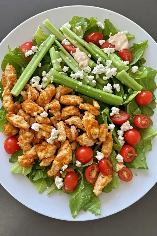  Buffalo chicken salad served overhead with buffalo chicken blue cheese celery and ranch dressing