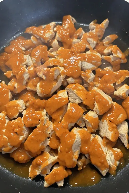 Sliced buffalo chicken tossed in buffalo sauce in skillet for buffalo chicken salad