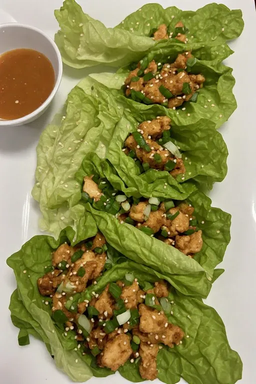 Chicken lettuce wraps served on platter with filling garnished with green onions and sesame seeds