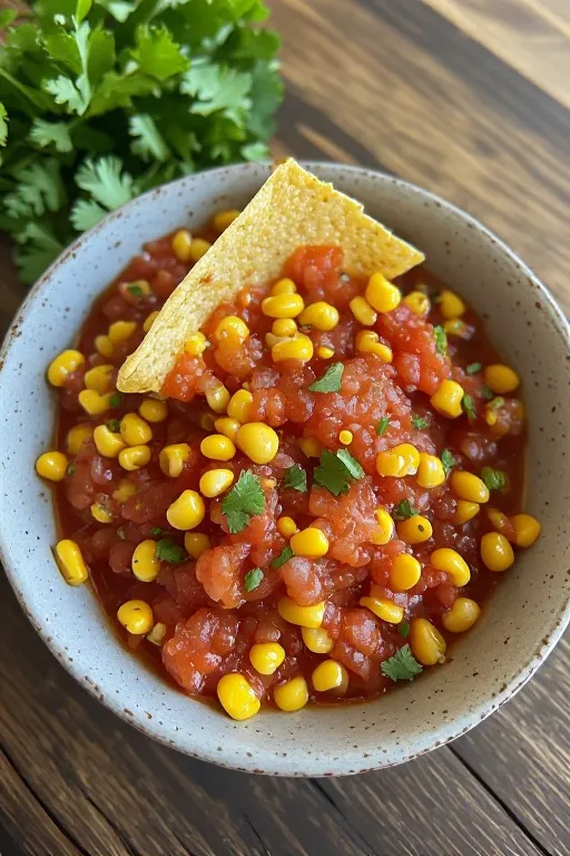 Finished corn salsa in bowl with tortilla chips and lime wedges