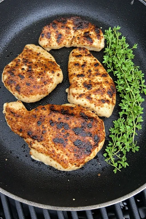 Marinated Greek chicken searing in grill pan with char marks and lemon wedges