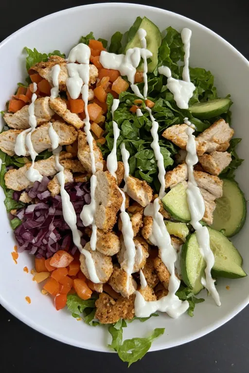 Fully assembled Greek chicken bowl with tzatziki and fresh dill