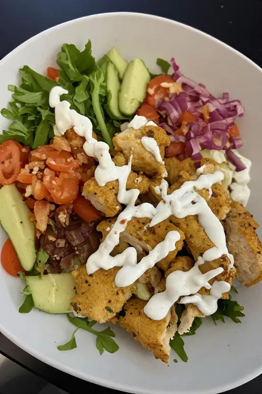 Greek chicken bowl with grilled chicken rice cucumber tomato feta and tzatziki in white bowl